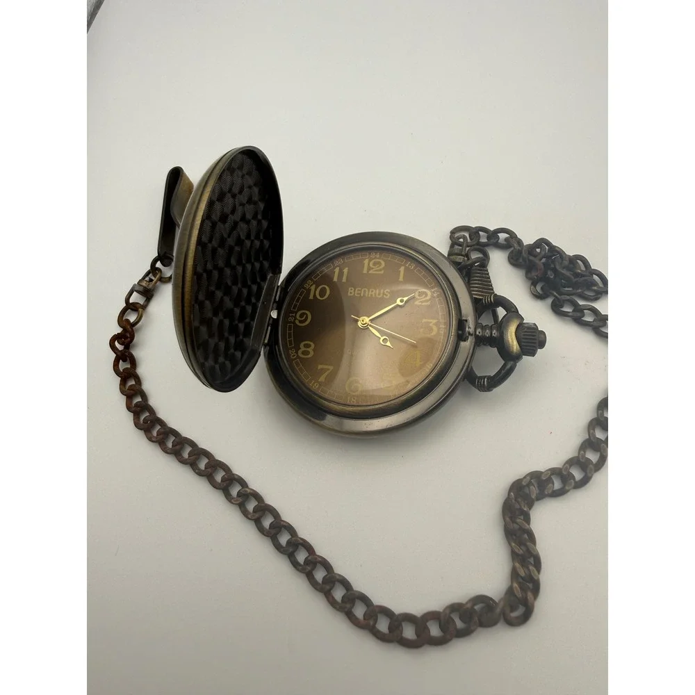 Benrus Grandpa Pocket Watch Bronze Tone Quartz Hunter Case Chain Mens Vintage